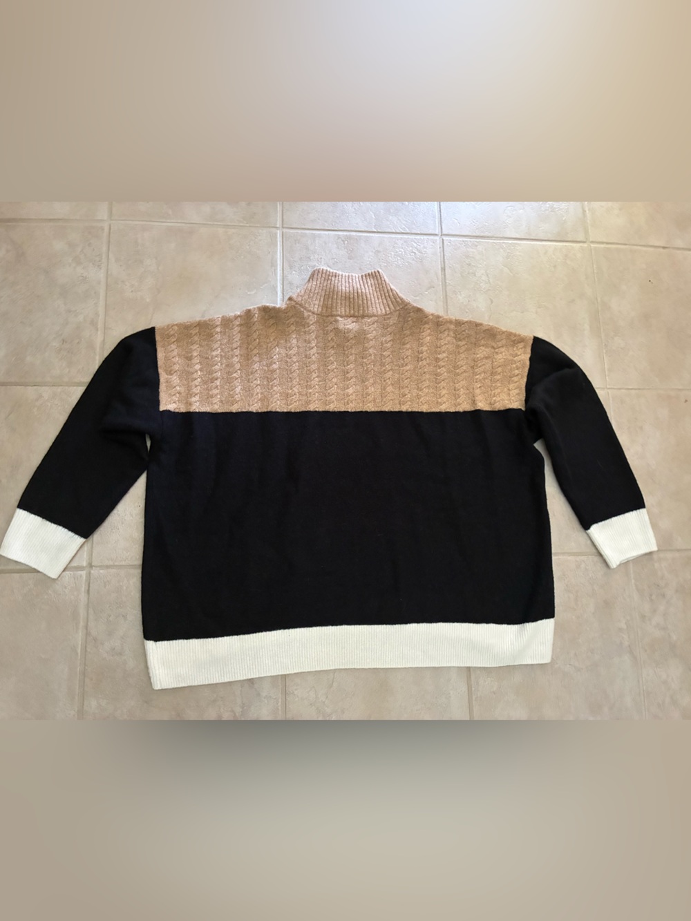 CeCe Colorblock Cowl Neck Sweater in Black, Camel & Cream